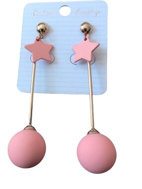 Y2K Pink Star Drop Earrings Gold Tone Long Dangle Cute Kawaii Statement Jewelry